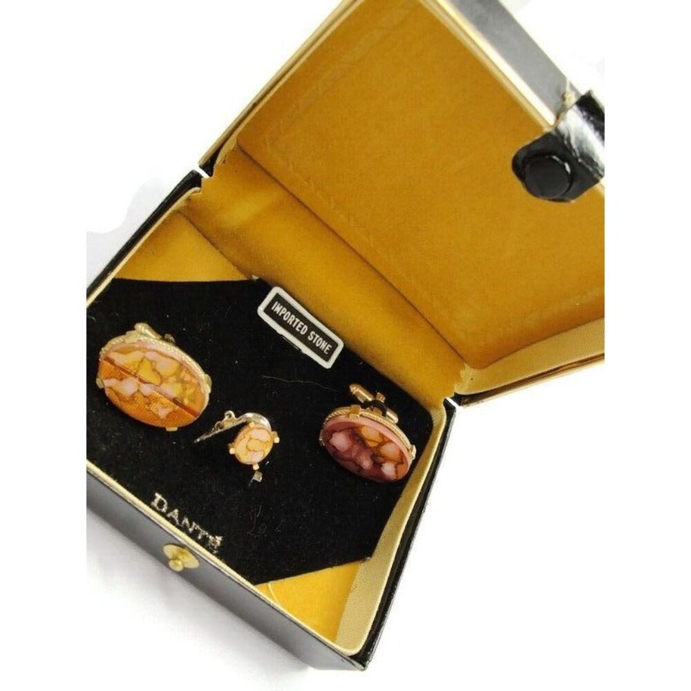 Dante Vintage Cufflinks Set Tie Tack Pin Gold Tone Oval Copper Dolomite Tux IOB